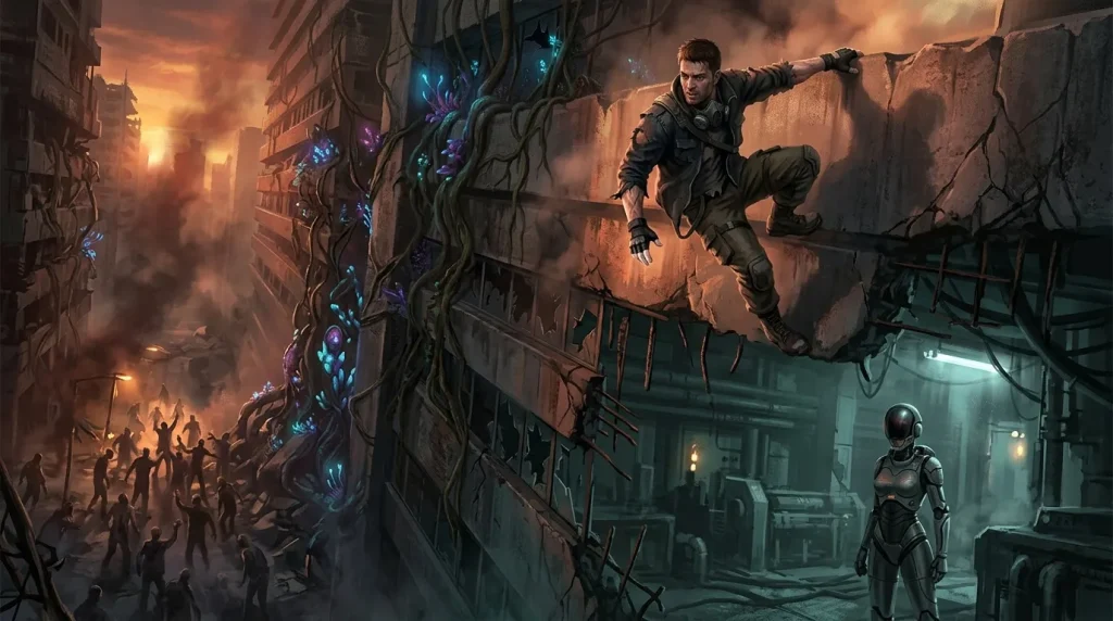 Homme sautant entre bâtiments dans ville dystopique futuriste