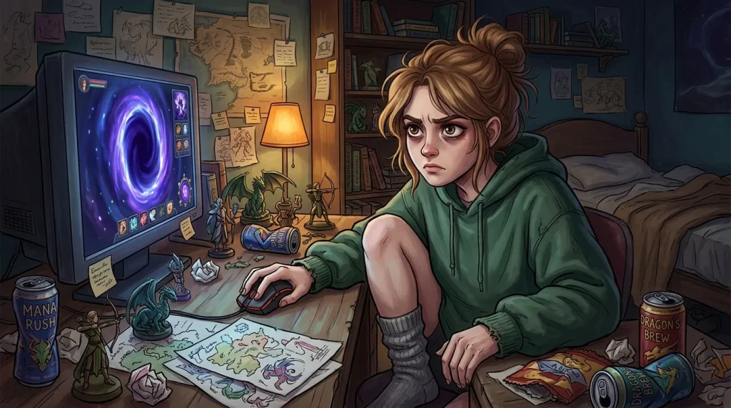 Jeune fille gamer devant écran avec décor fantasy