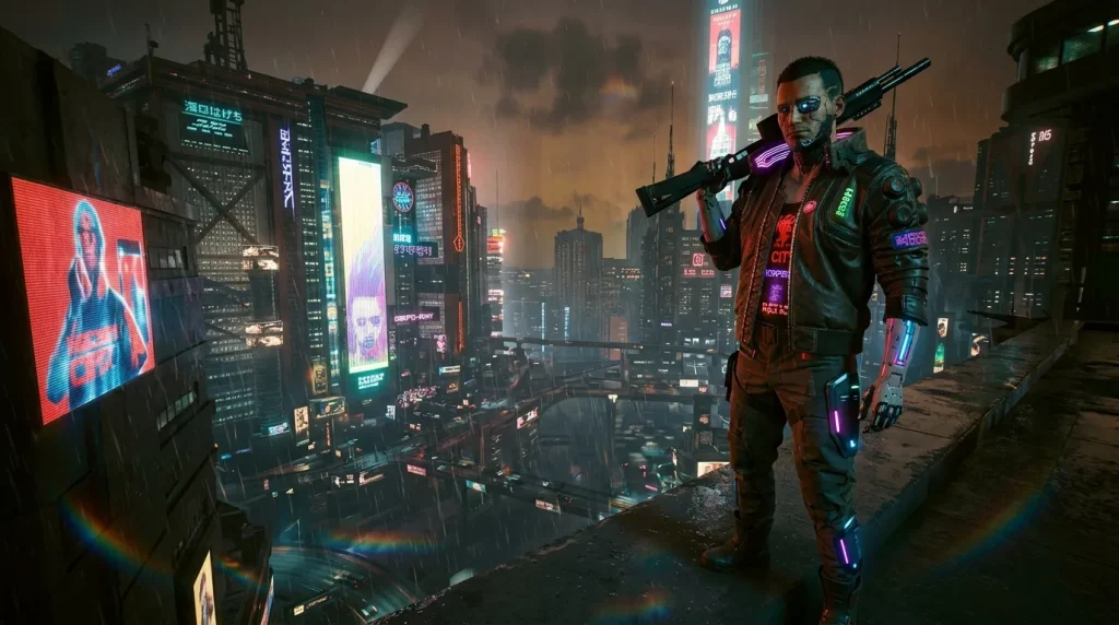 Personnage armé sur toit, ville futuriste illuminée nuit pluie