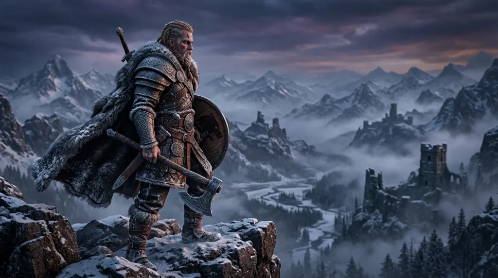 Guerrier viking barbu en armure brandissant hache et bouclier en montagne enneigée