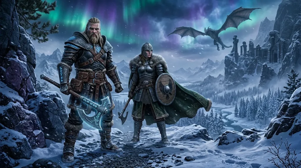 Deux guerriers vikings en armure dans un paysage enneigé avec aurores boréales