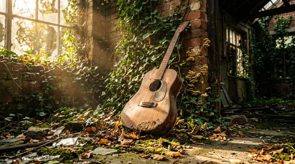 Guitare acoustique usée dans cour abandonnée envahie végétation