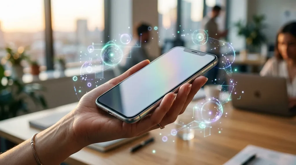 Main tenant smartphone avec interface technologique futuriste
