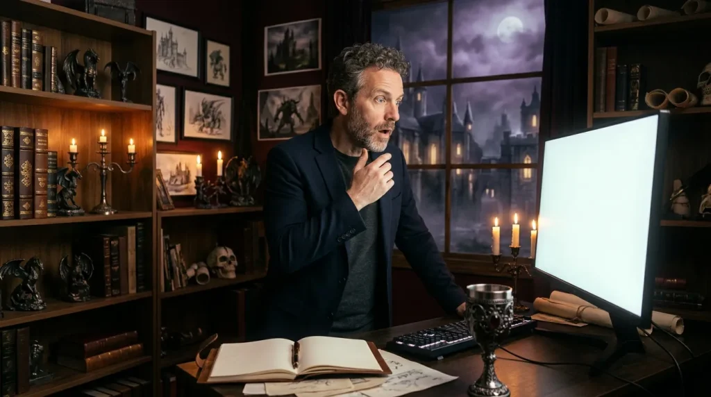 Homme pensif à son bureau dans un bureau gothique illuminé