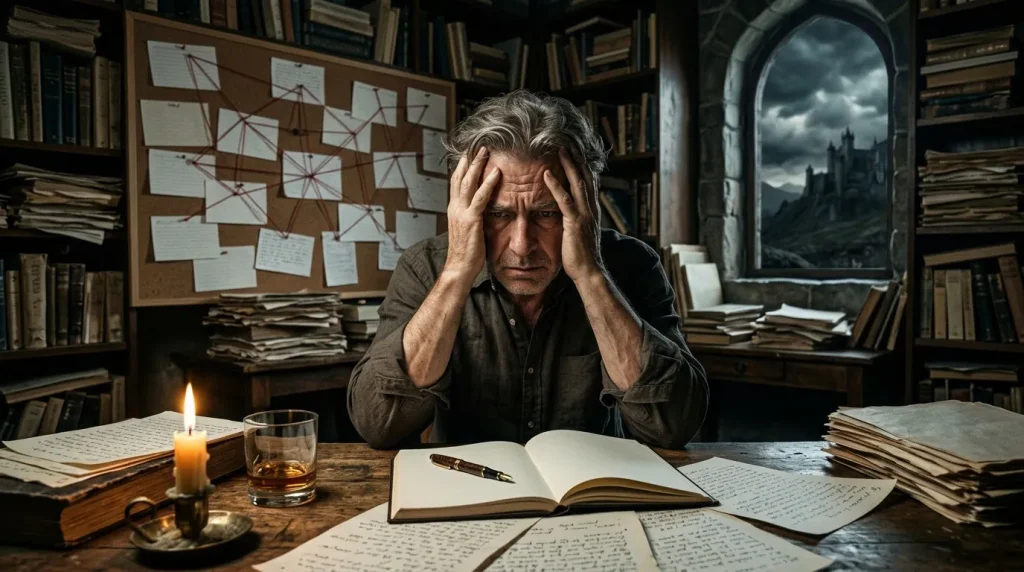 Homme âgé stressé entouré de livres et documents