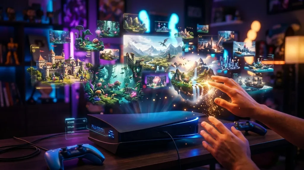 Mains interagissant avec des mondes virtuels holographiques sur console gaming
