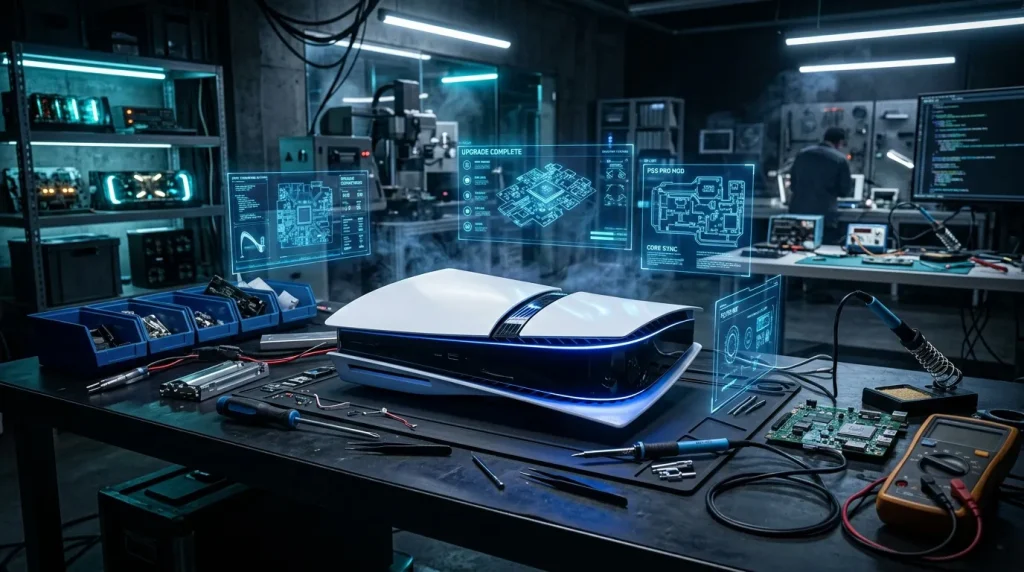 Atelier high-tech avec hologrammes et équipements électroniques