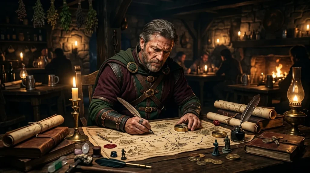 Homme traçant une carte ancienne à la chandelle dans une taverne.