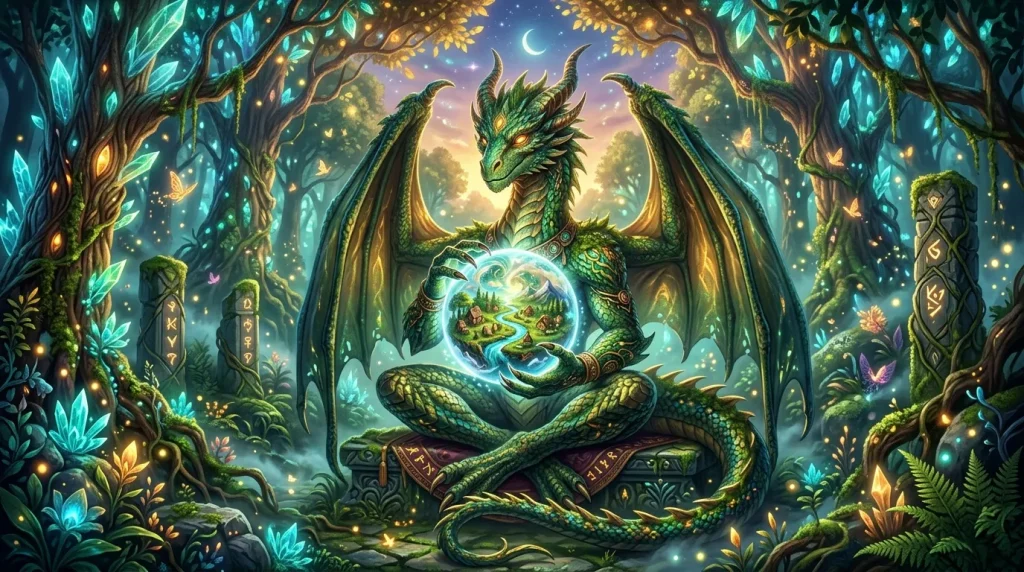 Dragon vert tenant un monde magique luminescent dans une forêt enchantée.