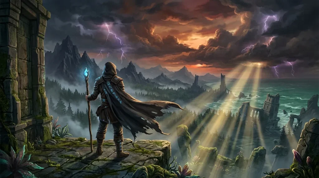 Mage solitaire contemplant un royaume fantastique orageux