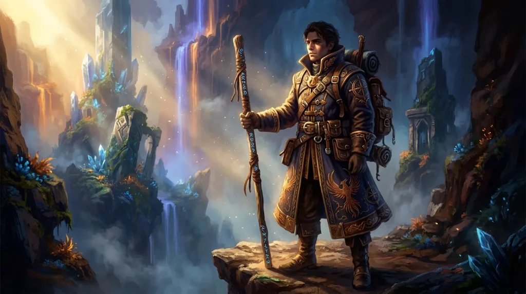 Guerrier en armure dorée tenant un bâton magique dans un royaume fantastique