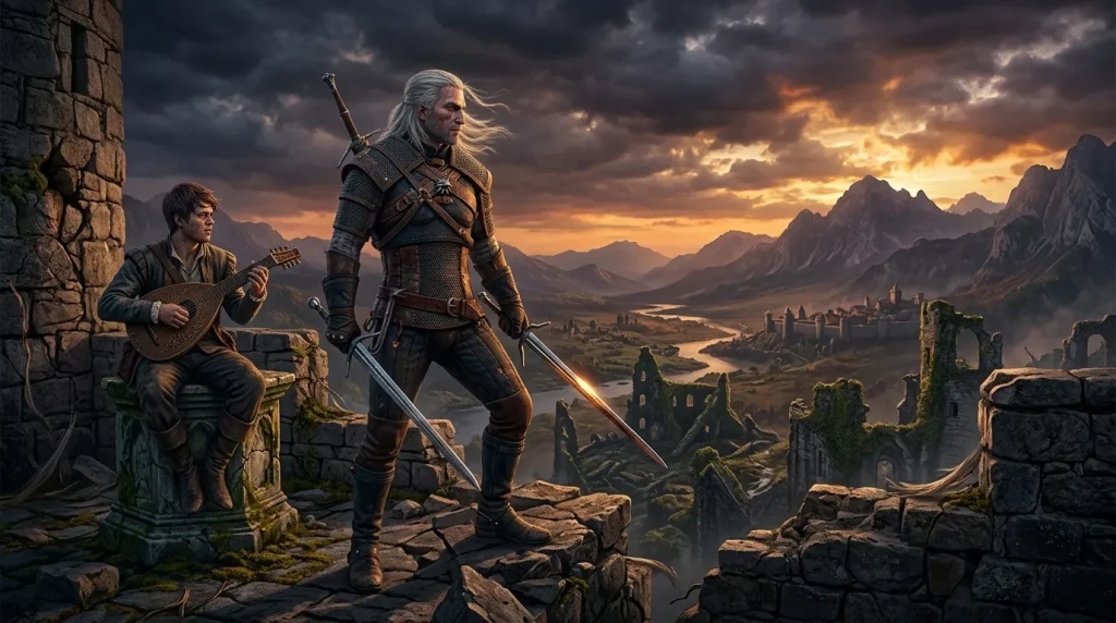 Guerrier armé et musicien contemplent un royaume montagneux au coucher de soleil