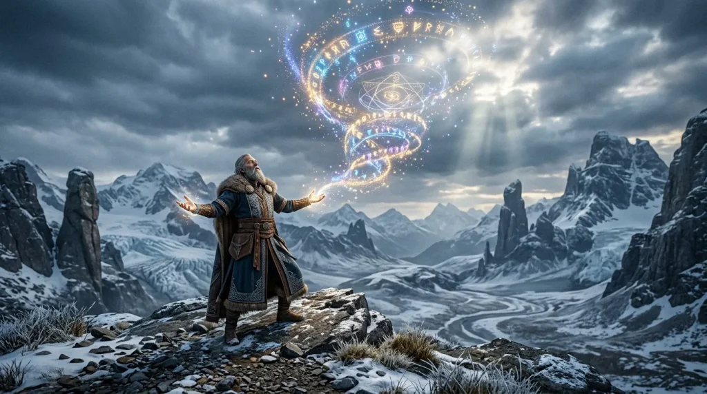 Mage invoquant magie mystique dans paysage montagneux enneigé