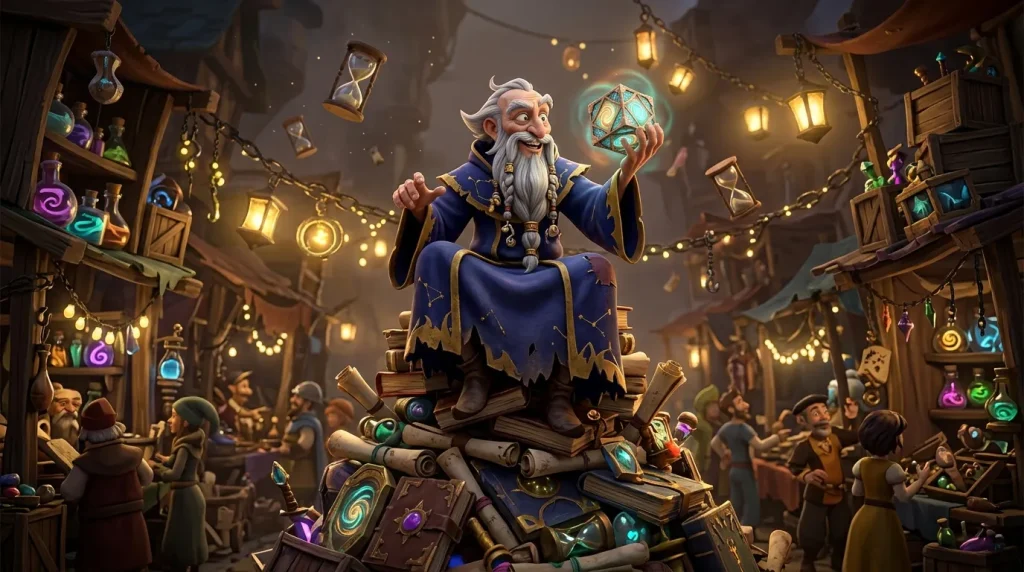 Vieux magicien avec barbe blanche tenant orbe magique brillante