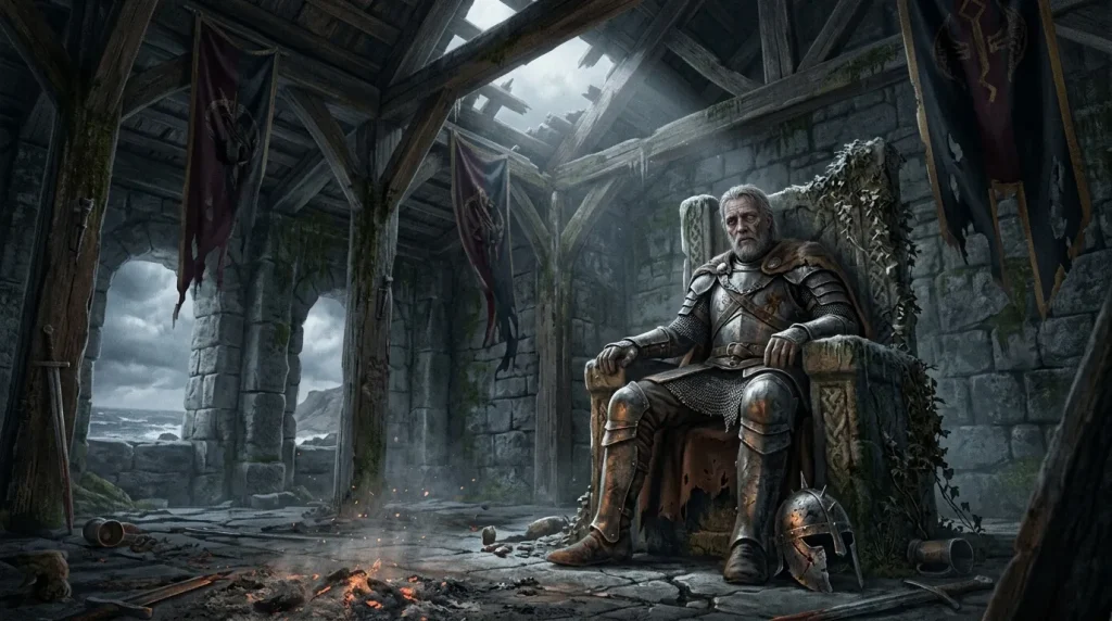 Guerrier âgé en armure assis sur trône dans forteresse abandonnée