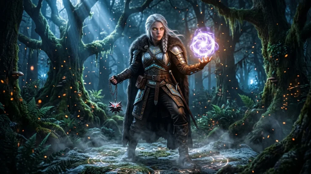 Femme guerrière avec magie violette en forêt ancienne