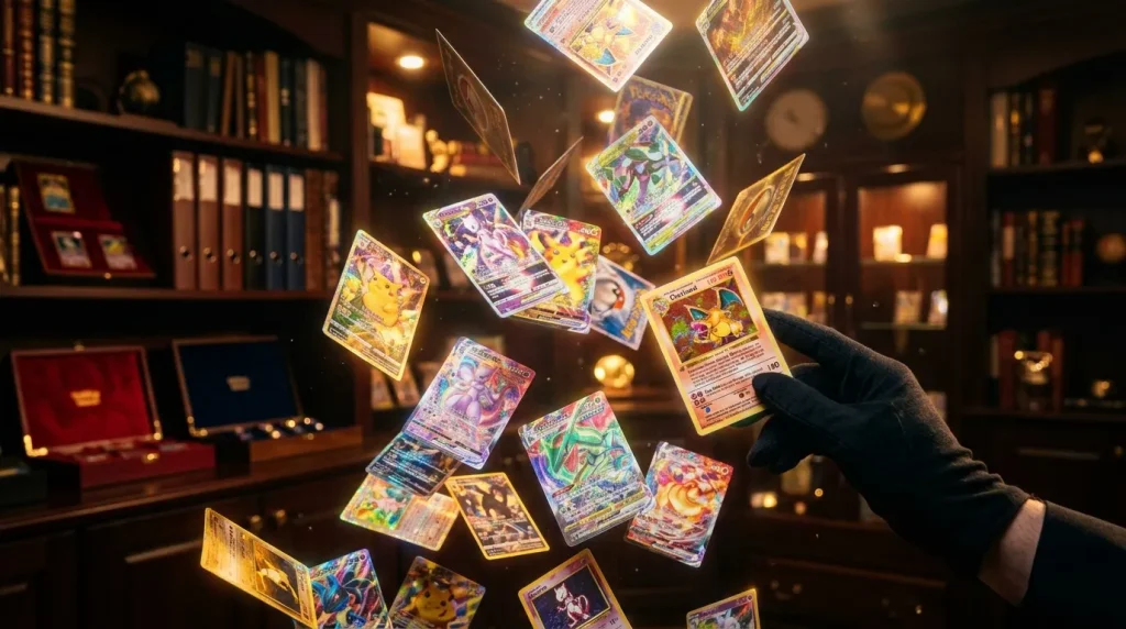 Cartes Pokémon brillantes flottant dans une bibliothèque luxueuse