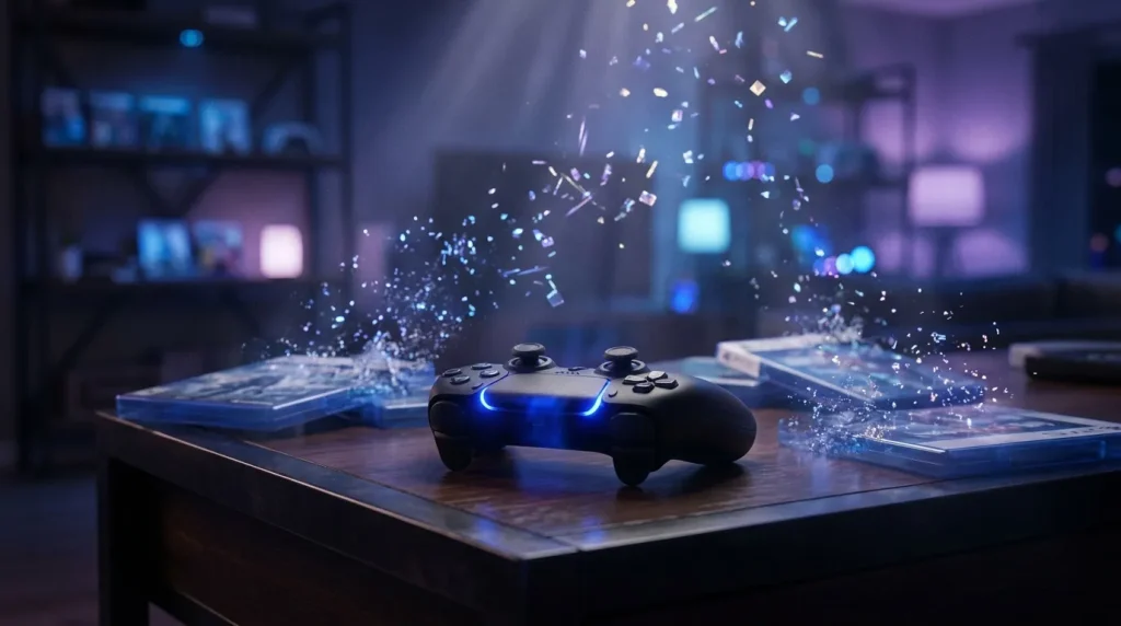 Manette gaming noire avec lumières bleues et particules numériques