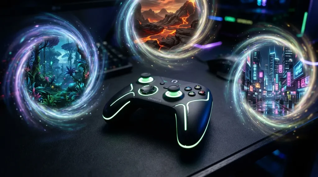 Manette de jeu avec portails magiques vers différents univers