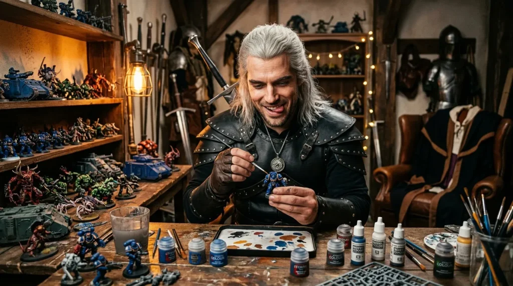 Homme peignant une figurine bleue dans son atelier