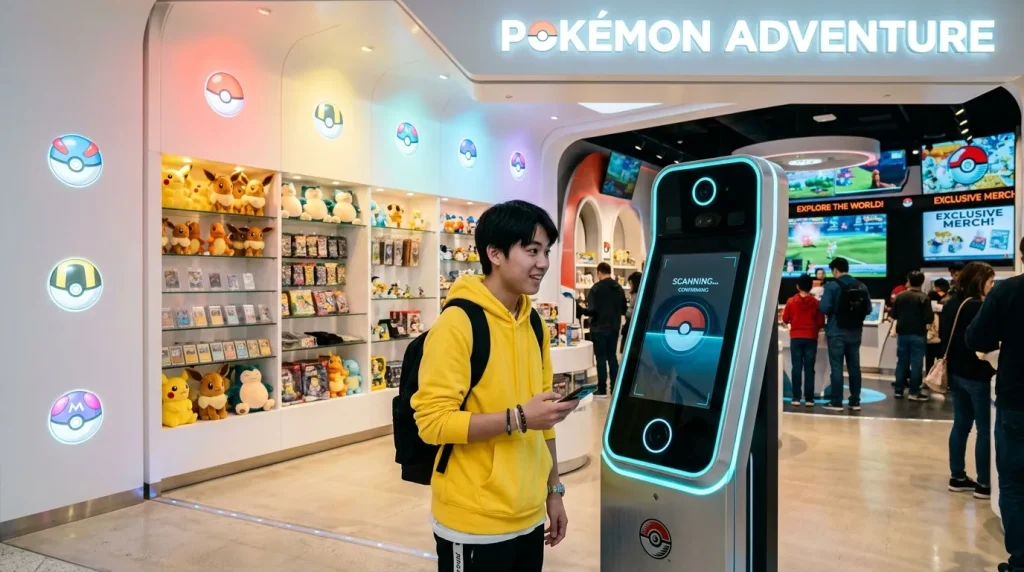 Jeune homme interagissant avec borne Pokémon dans magasin