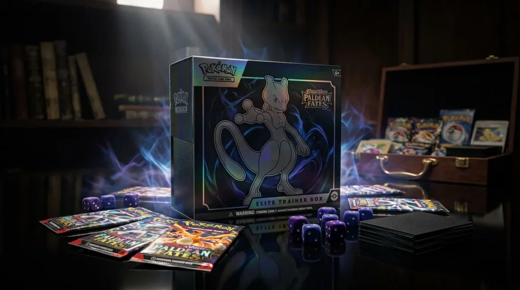 Boîte Elite Trainer Pokémon Paldean Fates avec dés et cartes
