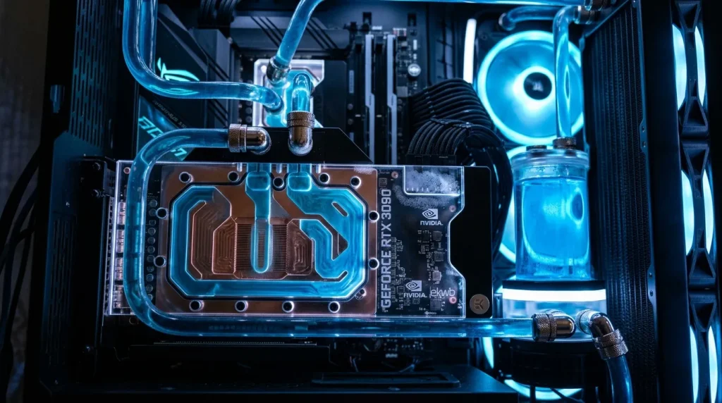 Carte graphique NVIDIA avec système refroidissement liquide bleu