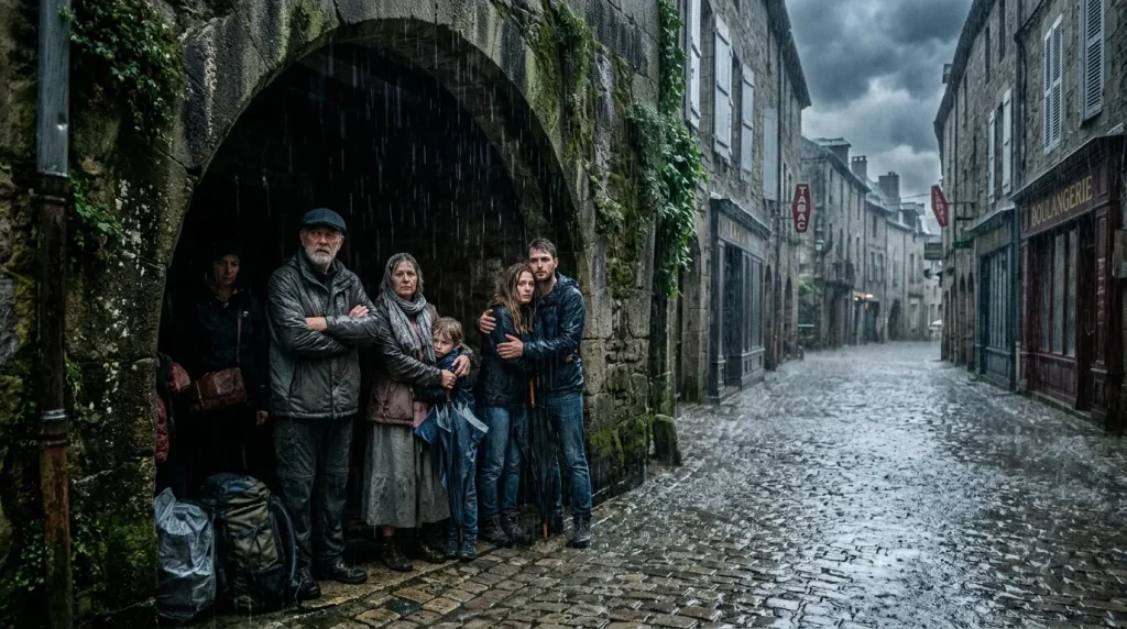 Famille abritée sous arche médiévale, rue pavée sous la pluie