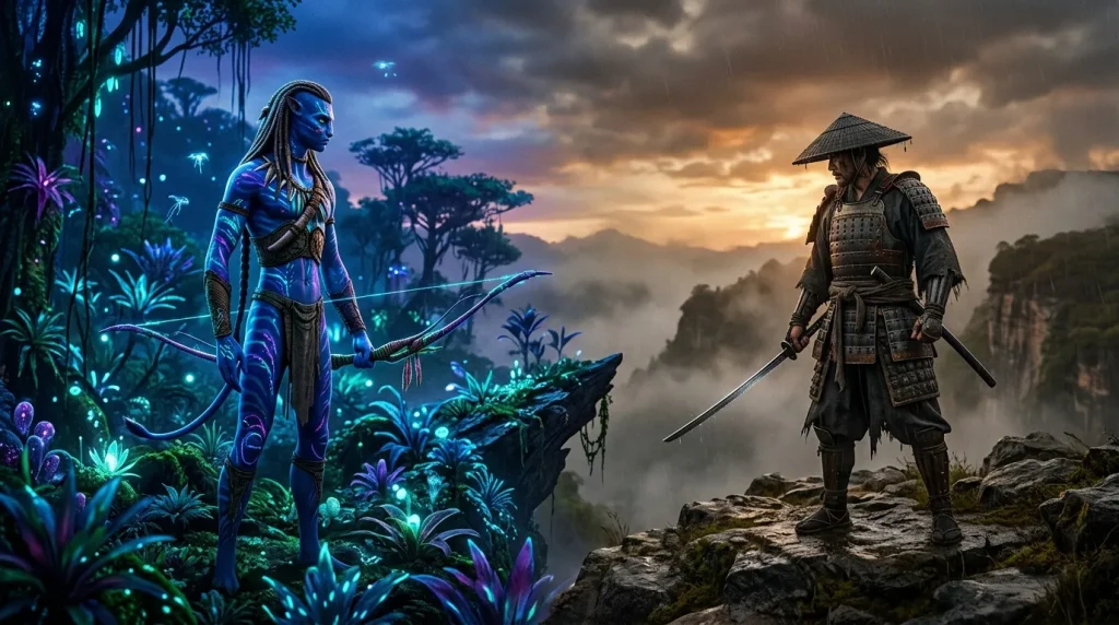 Guerrier samouraï face à créature bleue bioluminescente forestière