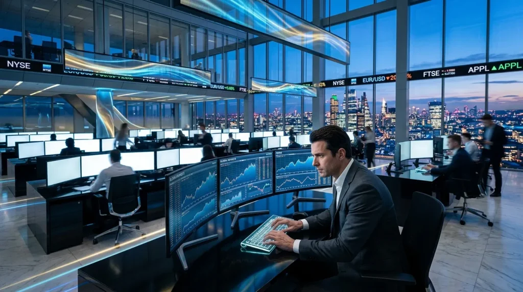 Trader analysant données boursières dans salle trading gratte-ciel