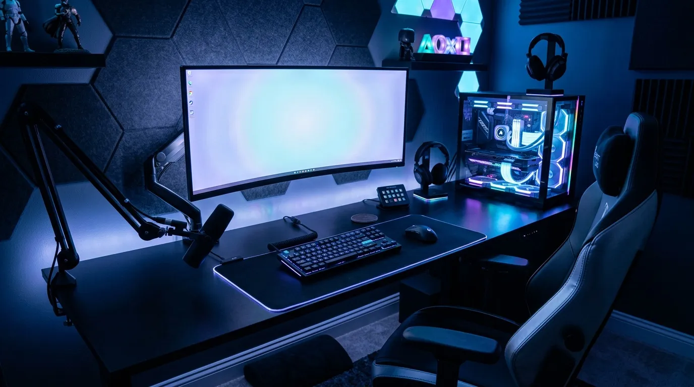 Bureau gaming avec écran courbe, PC RGB, chaise et accessoires
