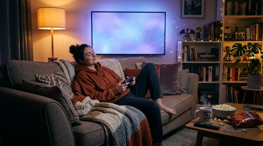 Femme relaxant sur canapé avec télécommande et snacks