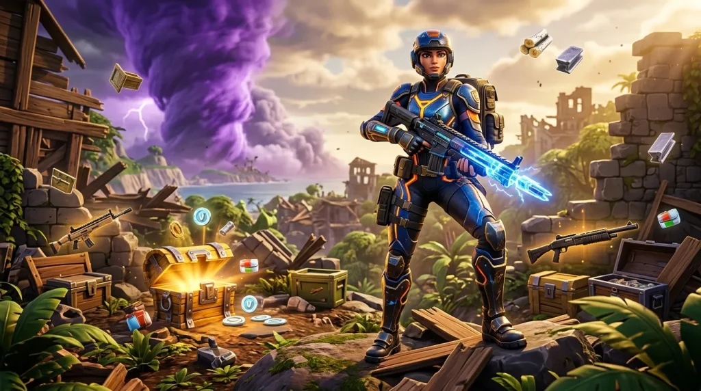 Guerrier en armure bleue tenant un fusil laser brillant