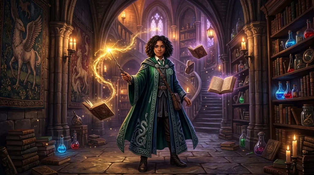 Jeune magicienne avec bâton lumineux dans une bibliothèque fantastique
