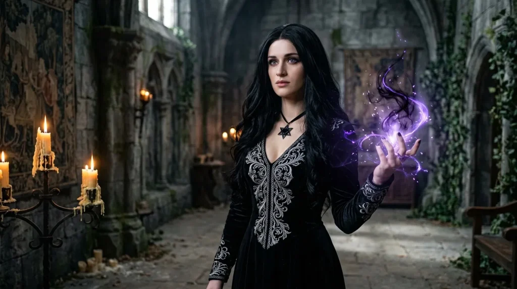 Femme en robe noire avec magie violette dans couloir médiéval