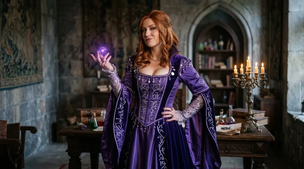 Femme en robe violette tenant une sphère magique brillante