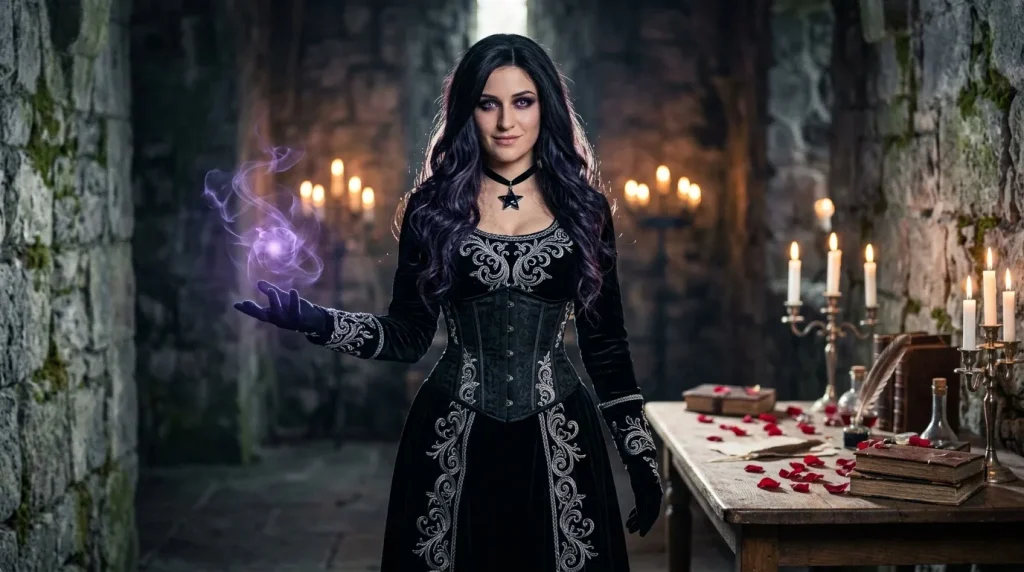 Femme en robe noire avec magie violette dans un château