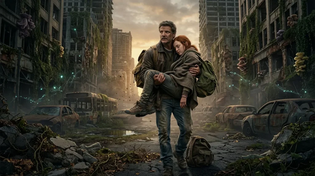 Homme portant une femme dans une ville post-apocalyptique envahie