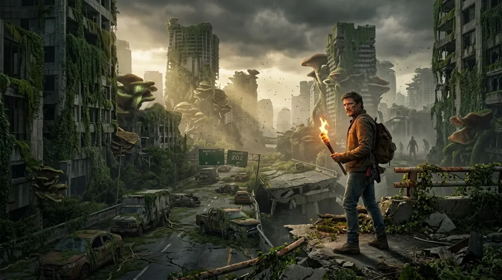 Homme avec torche dans ruines urbaines envahies de créatures géantes