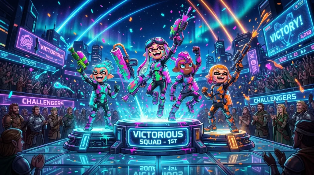Équipe de joueurs cyberpunk célébrant une victoire esports en neon