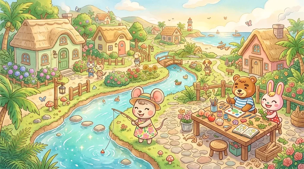Village coloré avec animaux dessinés, maisons, rivière et fleurs