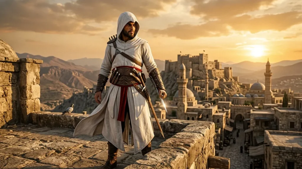 Guerrier en robe blanche avec épée surplombant ancienne citadelle