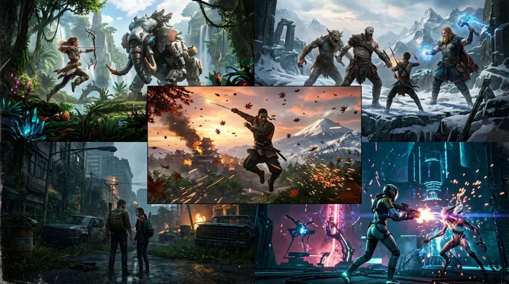 Collage de jeux vidéo montrant différents univers et personnages