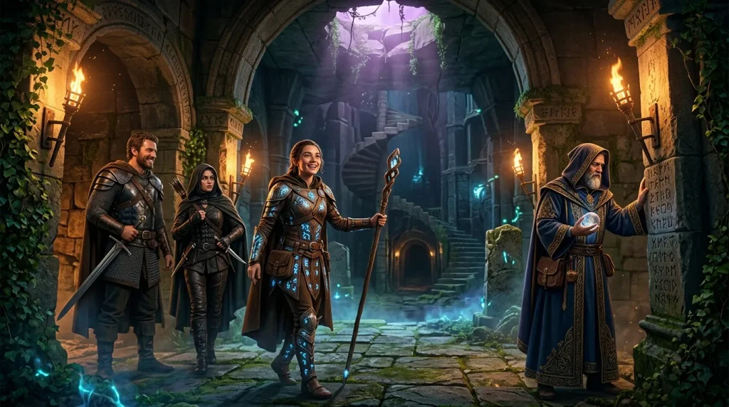 Groupe de guerriers et magiciens explore un ancien temple souterrain illuminé
