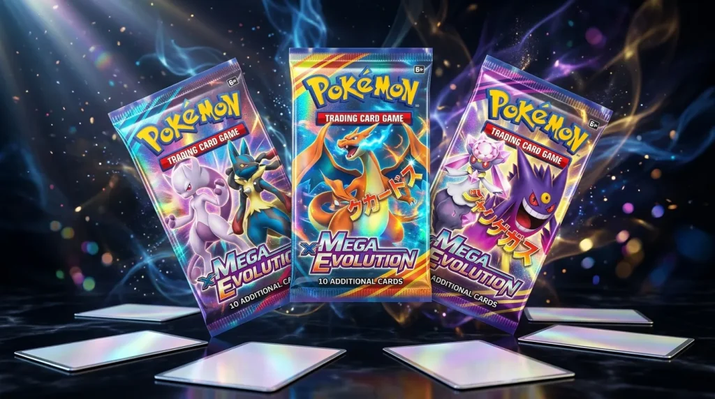 Trois boosters Pokémon Mega Evolution avec cartes étalées