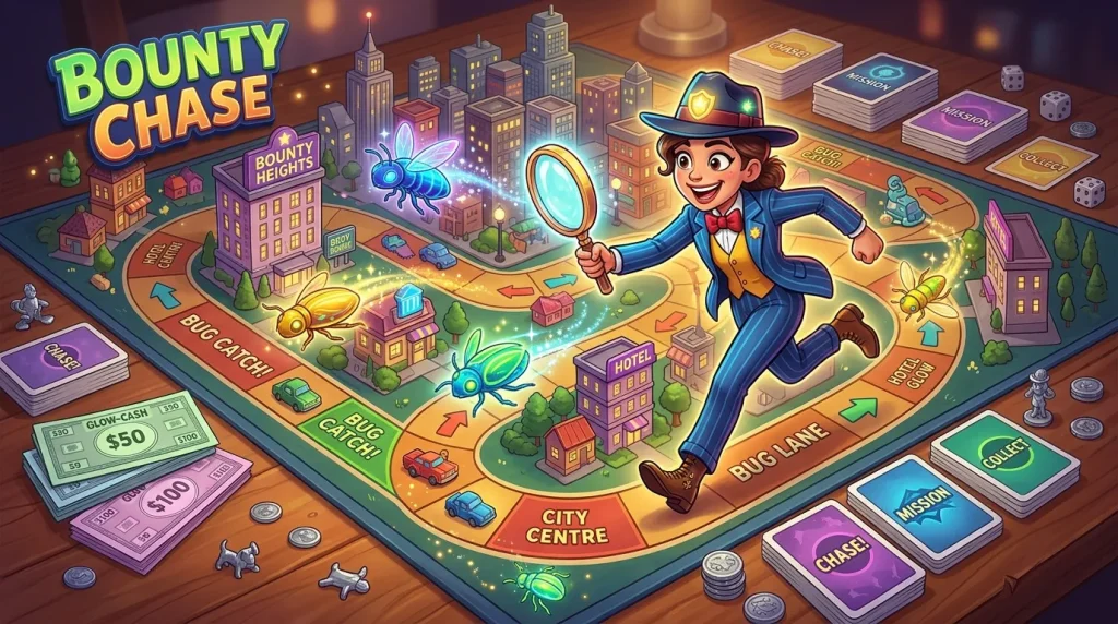 Jeu de société avec détective chassant insectes colorés en ville