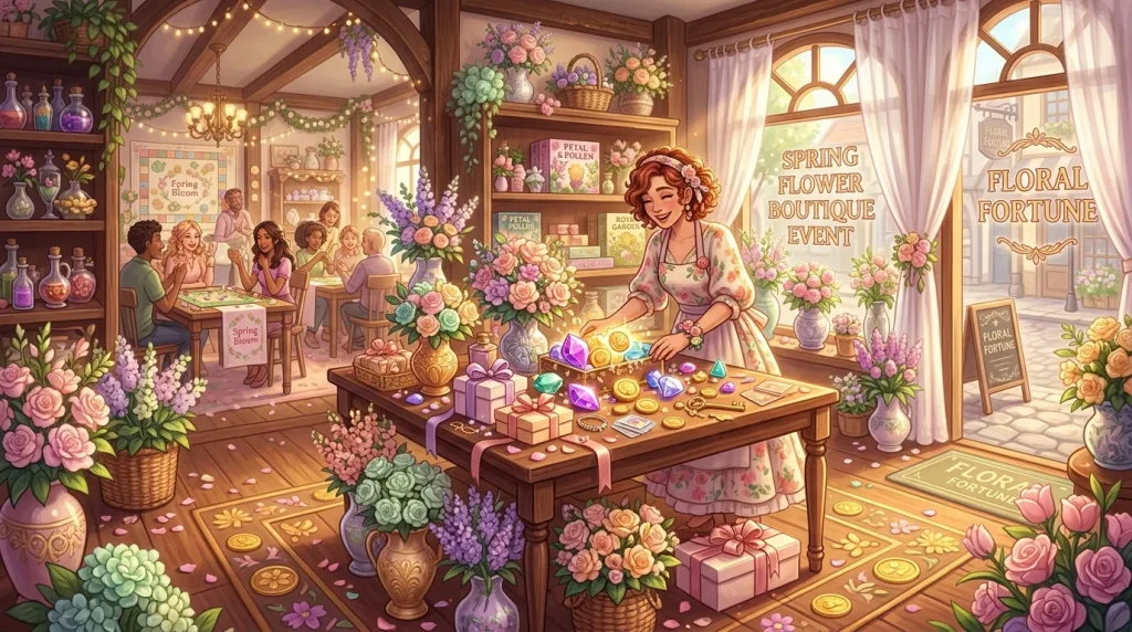 Femme dans une boutique florale magique vendant cristaux et fleurs