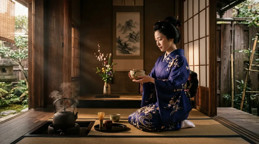Femme en kimono bleu pratiquant la cérémonie du thé
