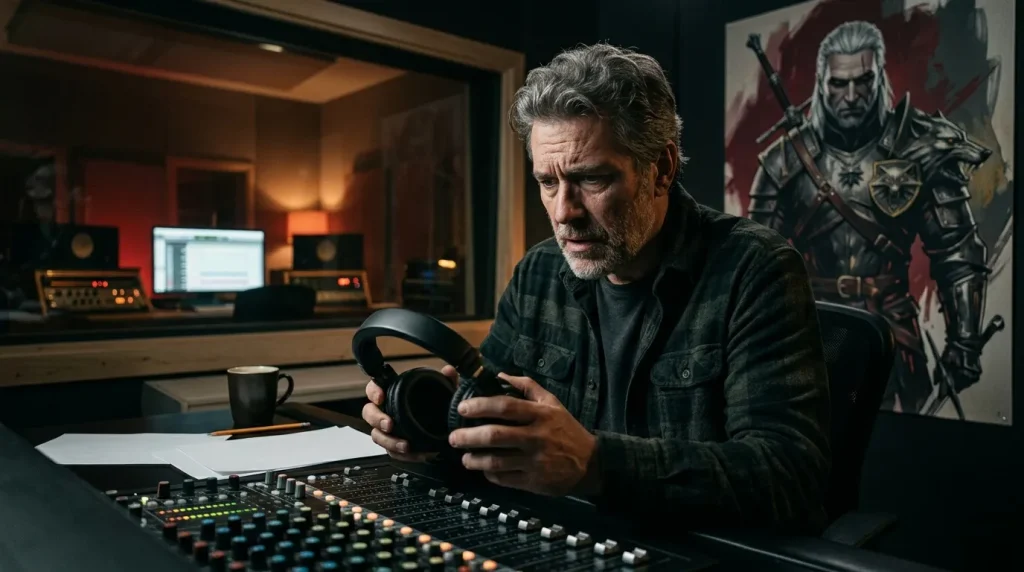 Homme avec casque audio en studio d'enregistrement professionnel