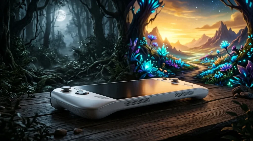 Appareil de jeu blanc sur bois, forêt enchantée luminescente arrière-plan